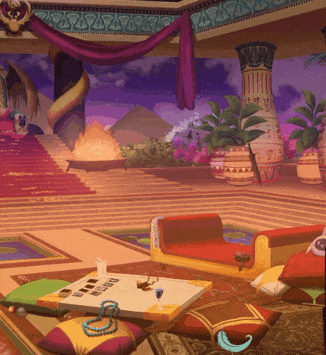 a painting of a room with a couch and a table with a drink on it