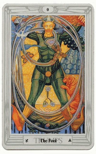 a tarot card shows a man in a green outfit and the word fools below him