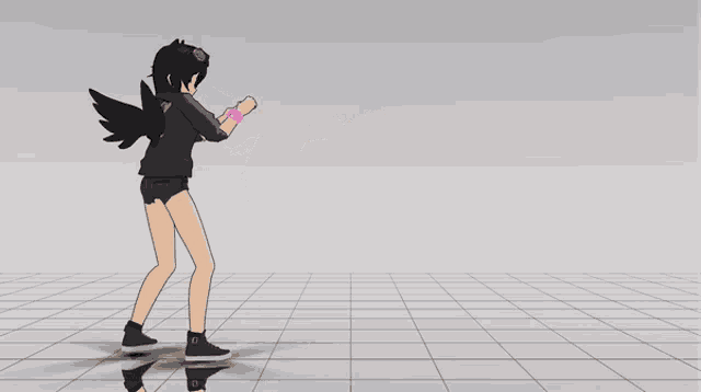 a girl with wings is standing on a white tile floor