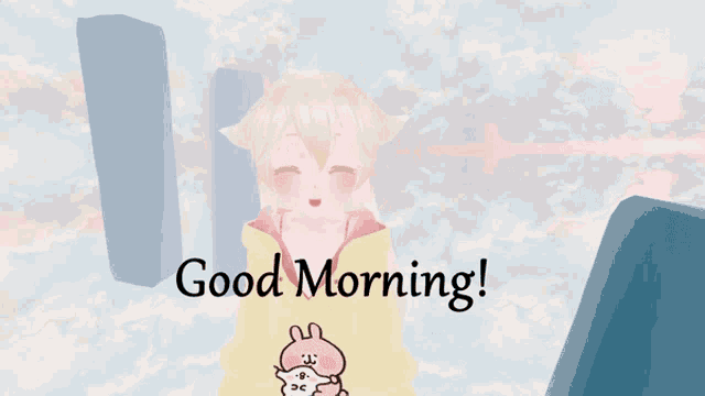 a cartoon girl says good morning with a bunny on her sleeve