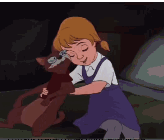 a girl in a purple dress is petting a brown dog