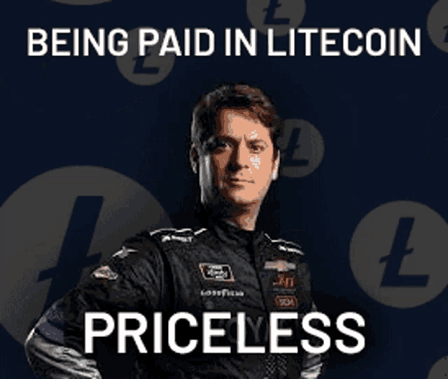 a man in a racing suit is being paid in litecoin