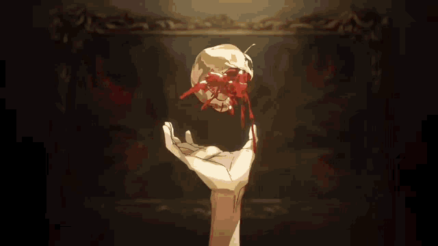 a painting of jesus laying on the cross in a dark room with blood on the floor .