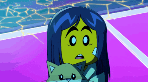 a cartoon of a girl holding a cat with a surprised expression on her face