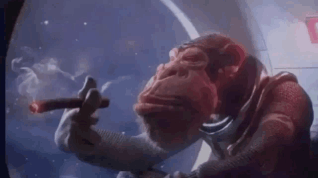 a monkey in a space suit is smoking a cigar in space .