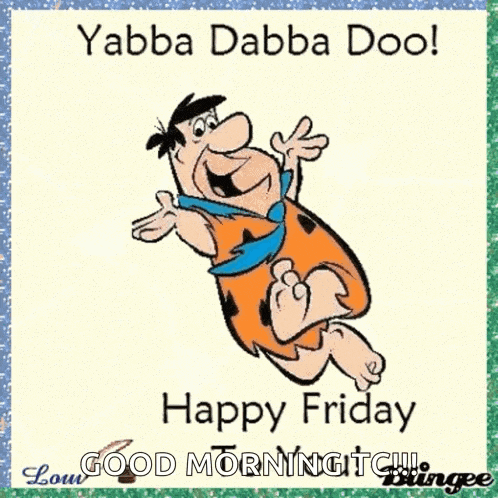 flintstone from the flintstones is jumping in the air and saying `` yabba dabba doo ! ''
