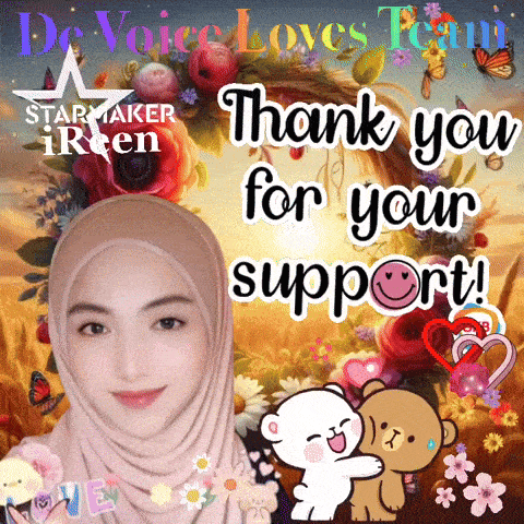 a woman in a hijab is surrounded by flowers and bears and says " thank you for your support "
