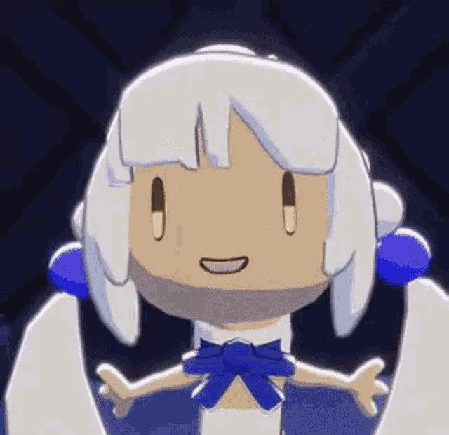 a cartoon character with white hair and a blue bow is smiling and looking at the camera .