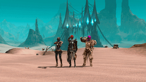 a group of people standing in a desert with a blue sky in the background