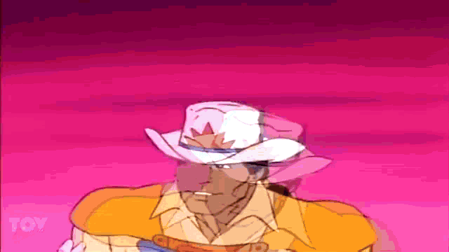 a cartoon of a man wearing a cowboy hat with the word toy on the bottom right