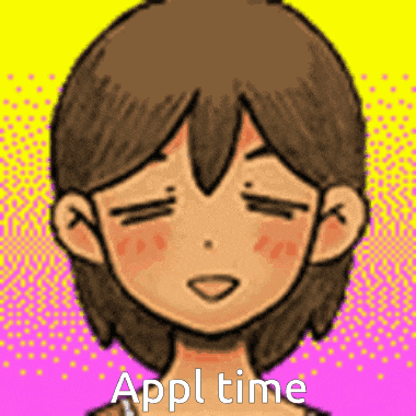 a pixel art drawing of a girl with her eyes closed and the words `` appl time '' on the bottom .