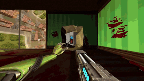 a video game shows a robot holding a gun