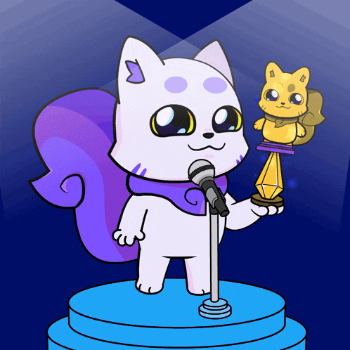 a cartoon drawing of a cat holding a trophy