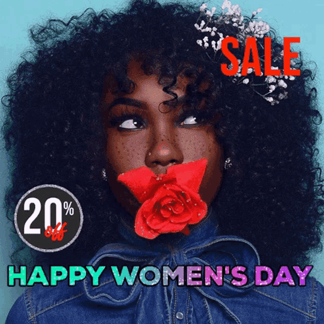 a woman is holding a red rose in her mouth and the words happy women 's day are below her