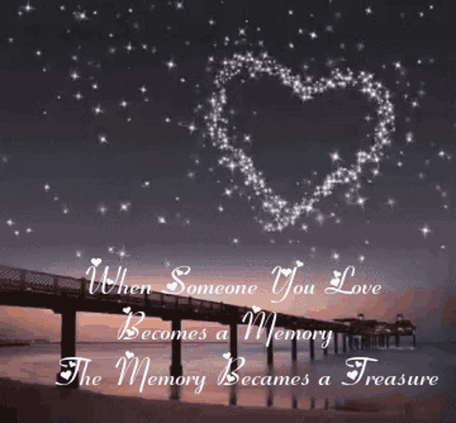 a picture of a pier with a quote that says when someone you love becomes a memory
