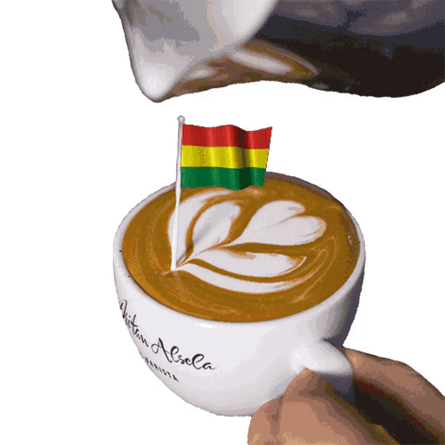 a cup of coffee with a small flag on top of it