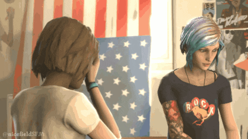 a girl with blue hair is wearing a shirt that says rock on it