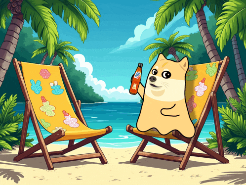 a doge is sitting on a beach chair holding a bottle of soda