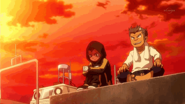 two cartoon characters are sitting on a wall with a sunset in the background and the words bs japan on the bottom right