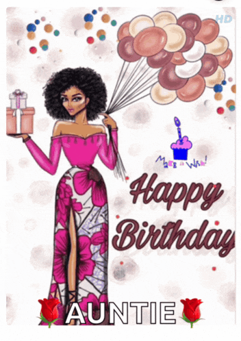 a birthday card for auntie with a woman holding balloons
