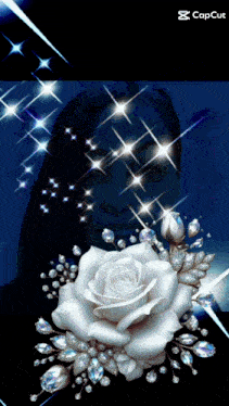 a picture of a woman with a white rose and diamonds