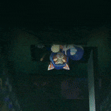 a dark room with a picture of a cat on a wall