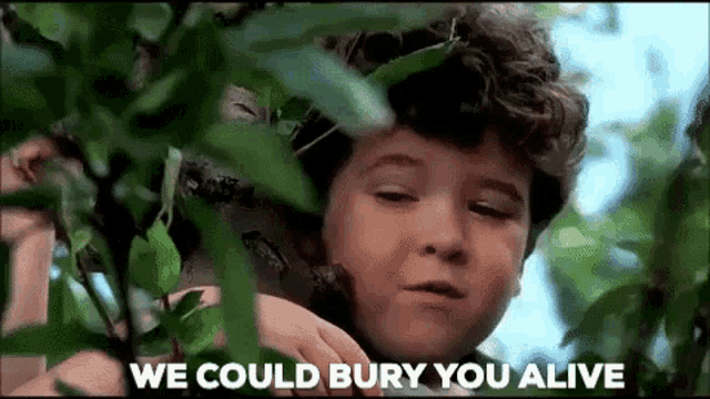 a young boy is looking out of a tree with the words `` we could bury you alive '' behind him .
