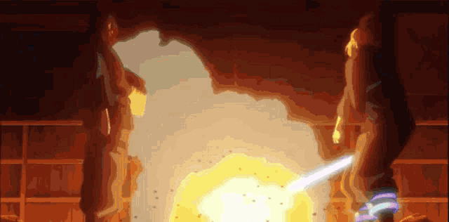 two people are standing in front of an explosion in a cave
