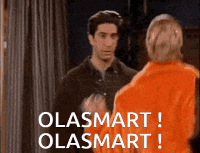 a man and a woman are standing next to each other with the words " olasmart " on the bottom