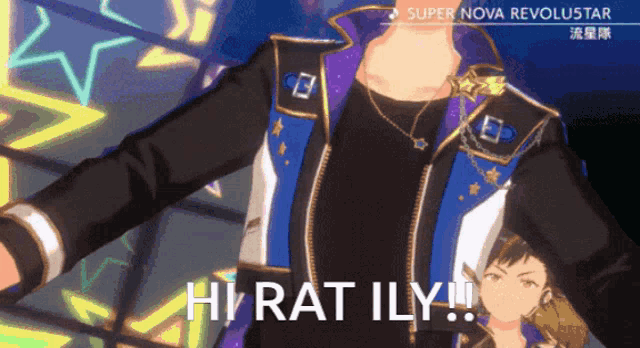 a video game character says hi rat ily while wearing a purple jacket