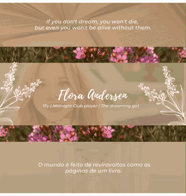 a poster for flora andersen with flowers and a quote