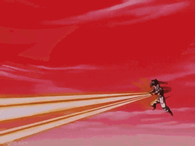 a cartoon character is flying through the air with a beam of light coming from his hand .