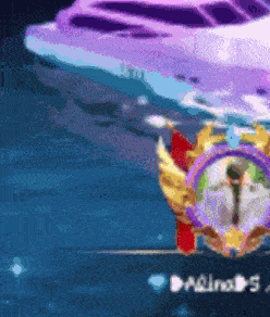 a purple boat is floating in the water next to a medallion with wings