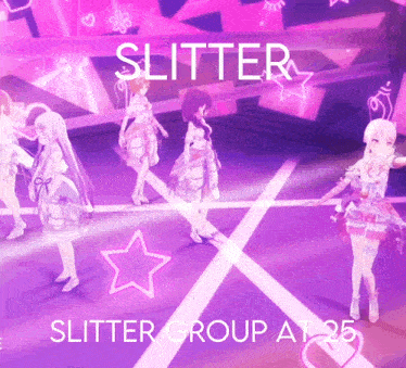 a group of anime girls are dancing on a stage with the words slitter group at 25 on the bottom