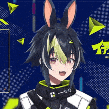 a girl with bunny ears is wearing a jacket that says ' i-o ' on it