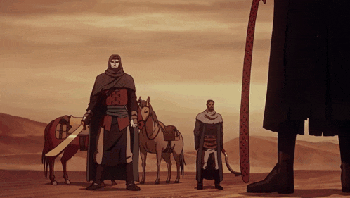 a group of men standing next to horses and a sword