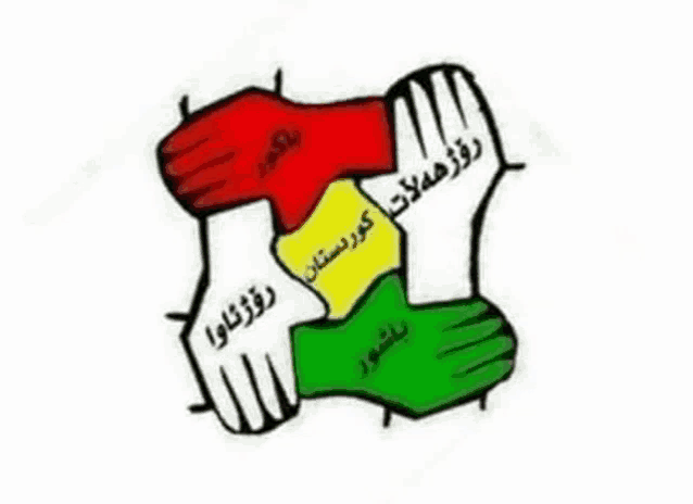 a cartoon drawing of four hands holding each other with arabic writing on them