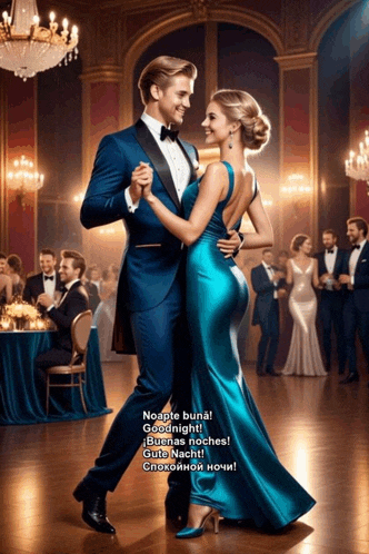 a man in a tuxedo and a woman in a blue dress are dancing at a party