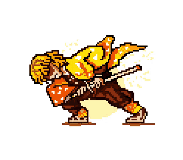 a pixel art drawing of a samurai with a sword and lightning