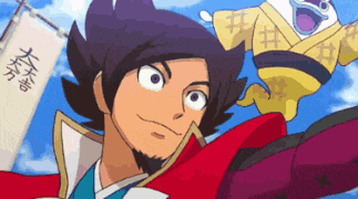 a cartoon character with a purple hair and a beard is holding a flag that says ' samurai ' on it