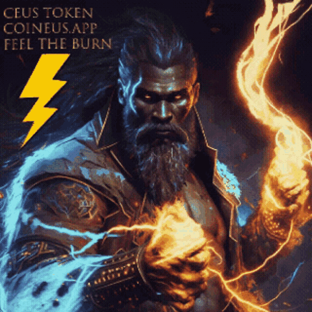 a man with a beard is holding a lightning bolt with the words ceus token coineus.app feel the burn on the bottom