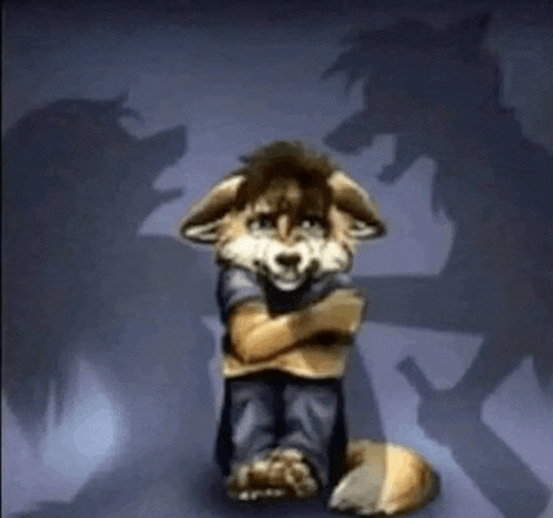 a furry fox is sitting down with his arms crossed in front of a shadow of a wolf .