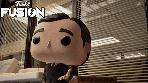 a funko pop of a man holding a box of pizza