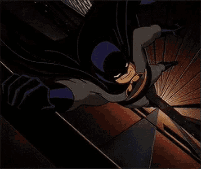 a cartoon of batman flying through the air with a serious look on his face