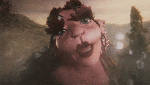 a close up of a cartoon character 's face with flowers on it