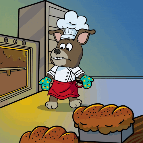 a cartoon dog wearing a chef 's hat and apron is standing next to a loaf of bread