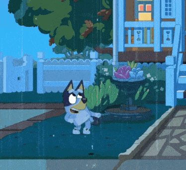 a cartoon of a dog standing in the rain near a fountain