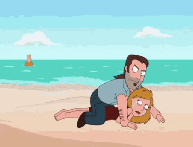 a cartoon of a man laying on top of a woman on a beach .