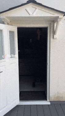 a woman is standing in the doorway of a house with tiktok written on the bottom of the door