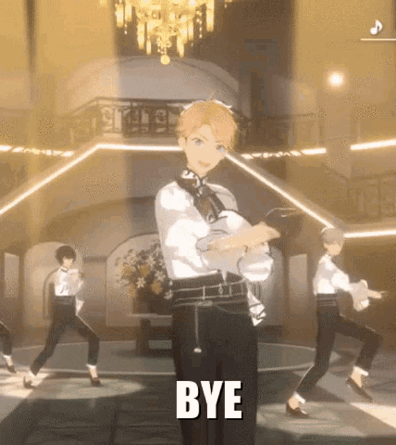 a group of anime characters are dancing in a room with the words `` bye '' in the corner .